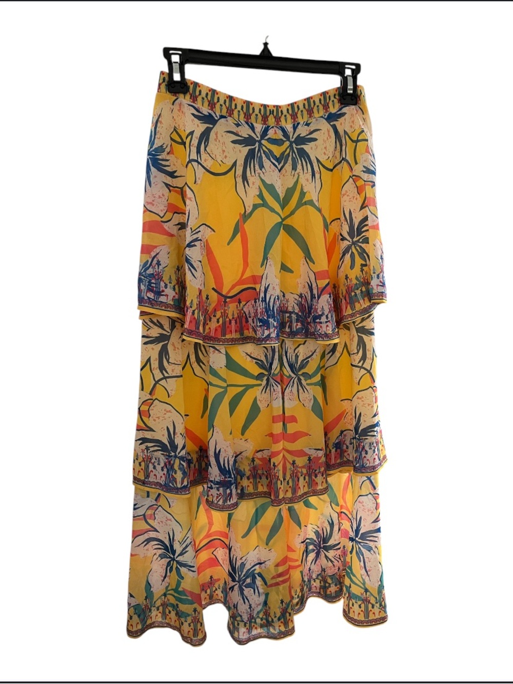 Flying Tomato Tiered Yellow Maxi Skirt with Tropical Flowers NWOT